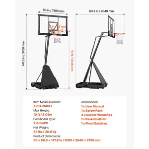 VEVOR Portable Basketball Stand, 10 ft Height Adjustment Basketball Hoop Goal, Basketballs Hoop Outdoor with 50 inch PC Backboard for Kids, Adults in Schools, Parks, Indoor Outdoor Use