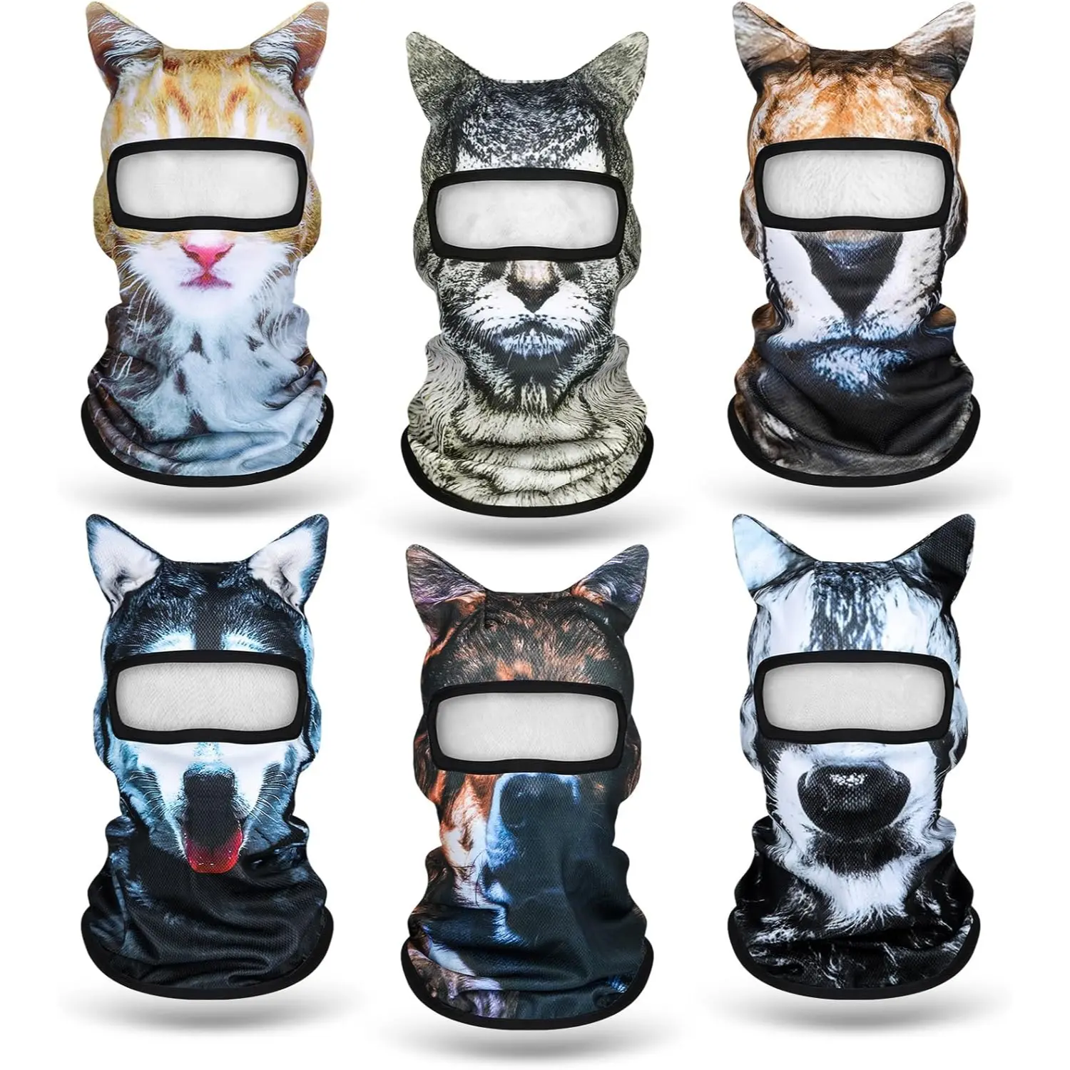 6 Pack Cute Full Face Animal Hood Ski Mask Balaclava for Hiking Riding and Outdoor Sports with Adorable Cat Dog Design