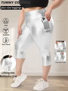 Women's Plus Size High Waist Seven-Quarter Tight Pants, Trouser, Fashion Party Skinny Jeans, Side Pockets, Elastic Comfort Fit, Bottom, Womenswear