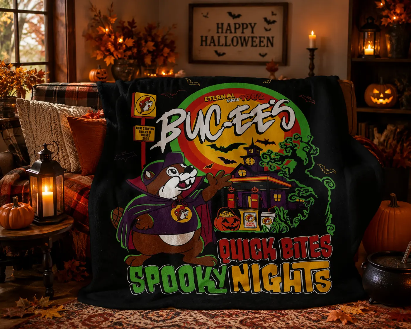 Buc-eeBuc-ee's "Quick Bites & Spooky Nights" Vintage Look Limited Edition Super Soft Fleece Halloween Blanket