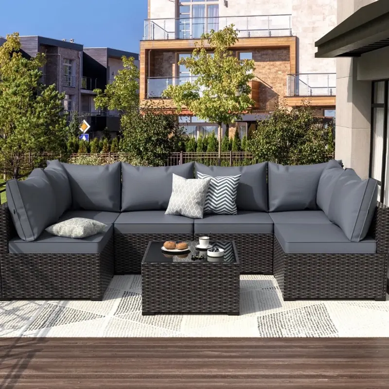 Patio Furniture Set 7 PCS Outdoor Couch with Glass Table Wicker Patio Sofa Set