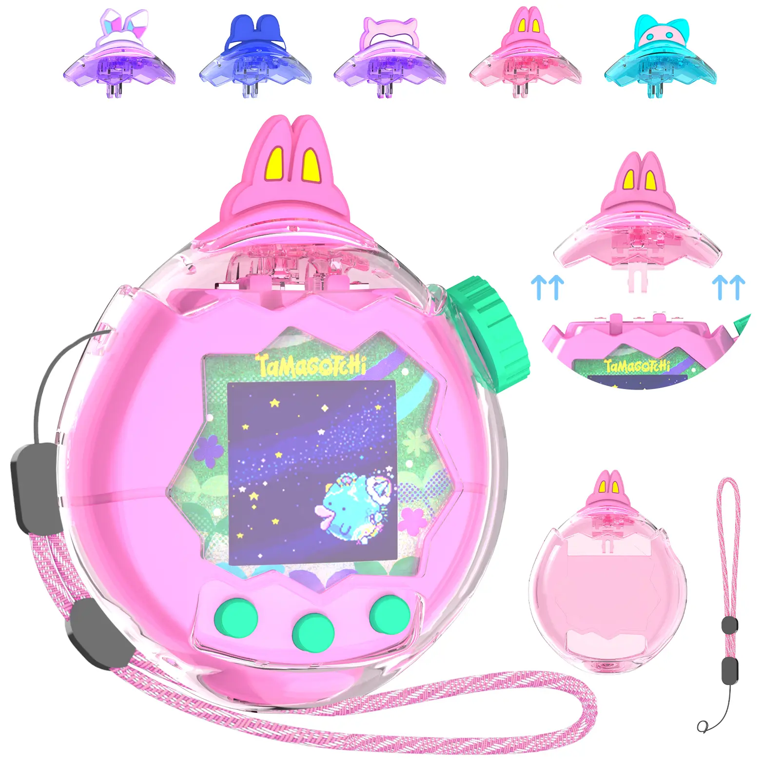 OAJ Case for Tamagotchi Paradise, Cute Ear Topper & Colored Clear Protective Cover, Hard PC Translucent Shell with Replacement Lid, Lanyard & Opening Tool, DIY Virtual Pet Accessories, Gift for Girls, Kids & Adults sohochic