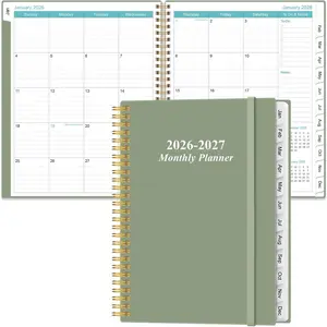 2026-2027 Monthly Planner - 18 Monthly Calendar, January 2026 - June 2027, Two Pages Per Month, 9" x11" Planner with Tabs,  -Wire Binding, Inner Pocket, Green