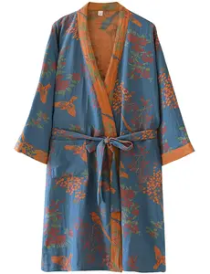 Arssm Women Cotton Gauze Robes Jacquard Japanese Yukata Muslin Kimono Robe Bathrobe Loungewear Sleepwear