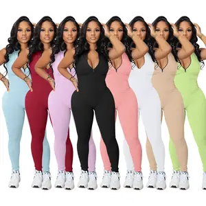 Recommended new stretch small ribbed zip women’s jumpsuit, candy color options, gym activewear, summer one-piece sports outfit