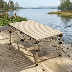 Yellow foldable picnic table with adjustable height, portable roll-up folding table