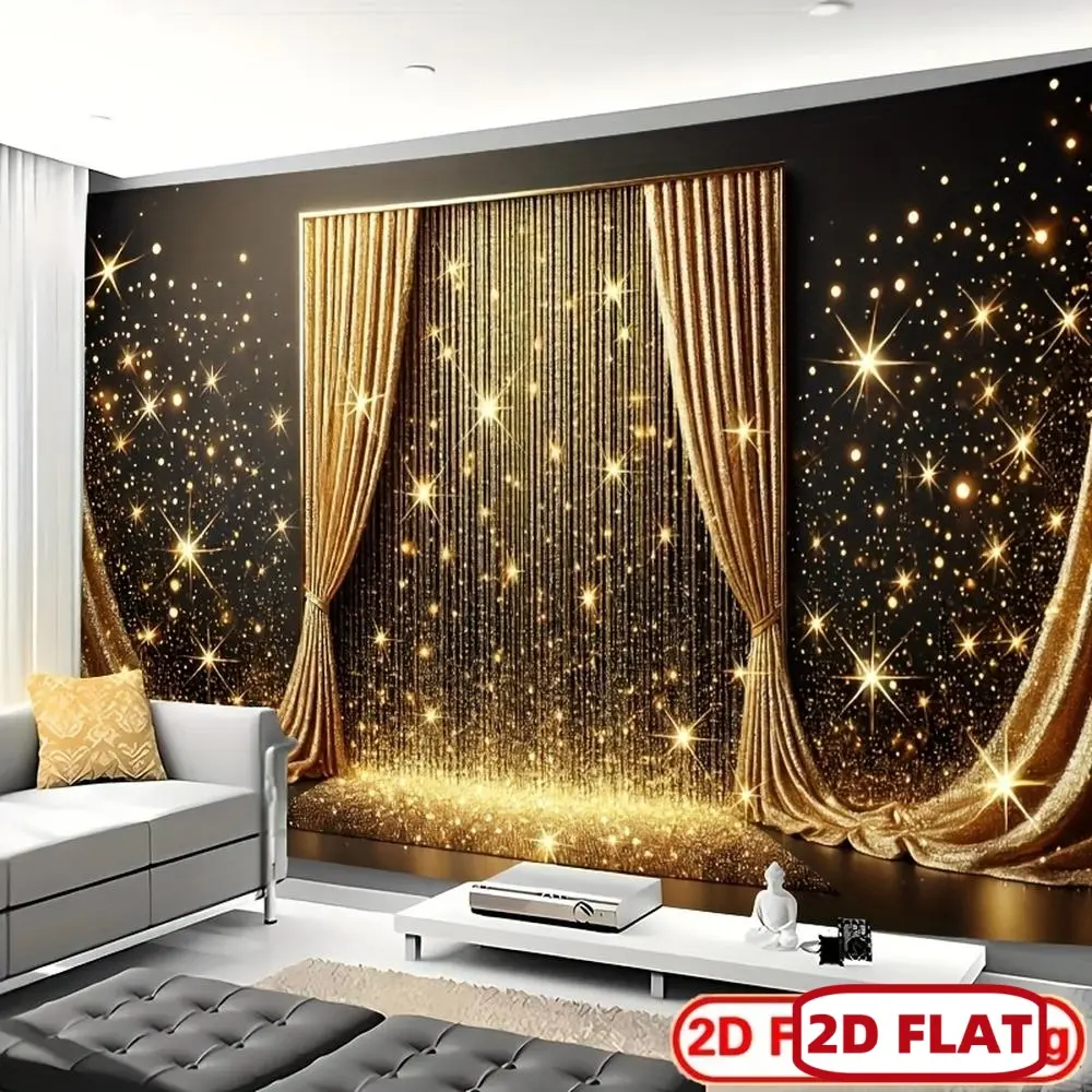 1pc 2D Flat Polyester Decorative Print Curtain Backdrop Banner - Luxurious Golden Starry Night Design with Shine Enhancement, Photo Booth Decor, Party Wall Accent