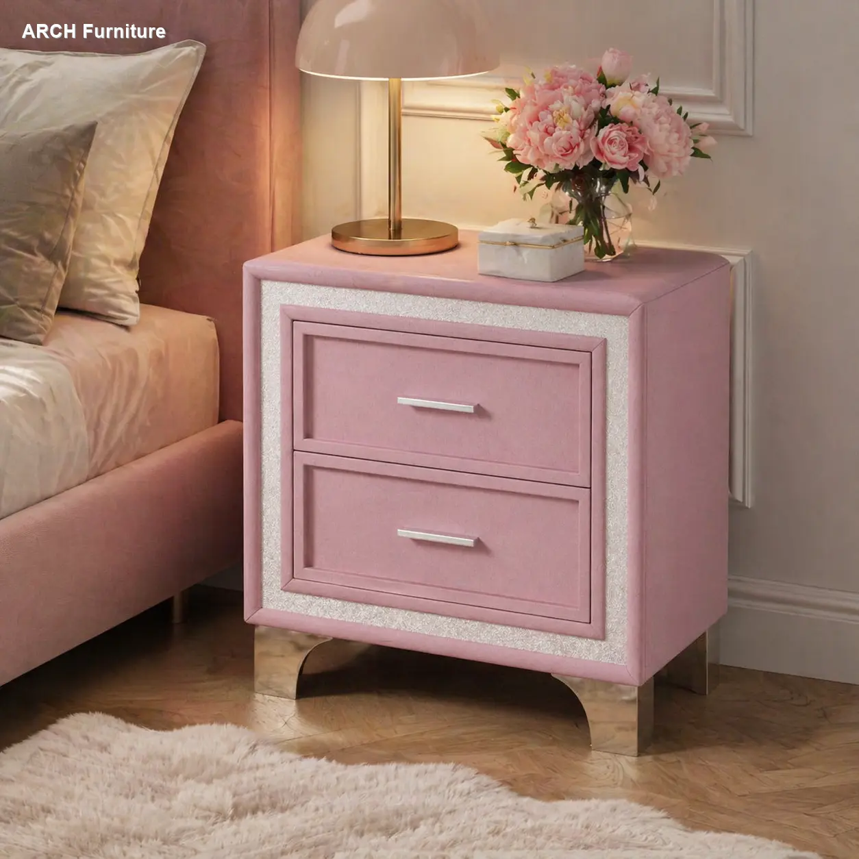 Pink ARCH Mid-Century Vintage Flat-Top Decorated Multi-Drawer Bedside Table, 2-Drawer Velvet Nightstand with Silver Glitter Strip, Metal Legs, Fully Assembled Except Legs and Handles, Drawer-Equipped Bedside Tables, Decorated Bedside Tables