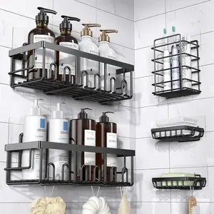 Jabukosu Shower Caddy Organizer, 5-Pack Adhesive Rustproof Stainless Steel Shower Shelves with Soap Holder, No Drilling Shower Storage Rack for Family Renters Bathroom, Black