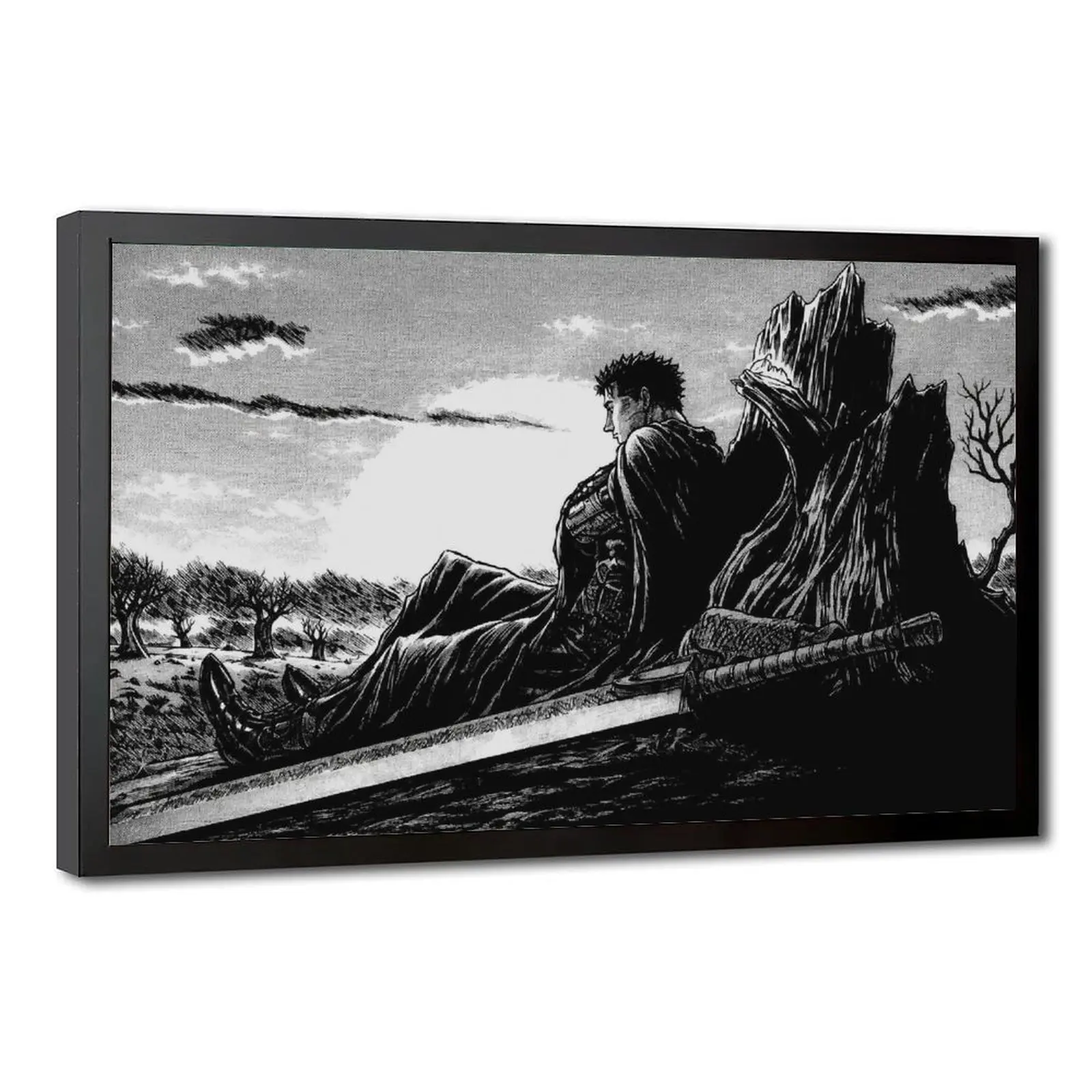 Berserker Art Poster, Emotional Berserk Tribute Artistic Decorative Wall Art, Guts Leaning On Dead Tree With Dragonslayer Sword, Miura Dark Fantasy Frame-Worthy Home Decor