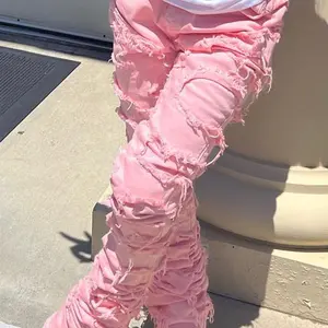 Plain Ripped Patchwork pink Women Jeans