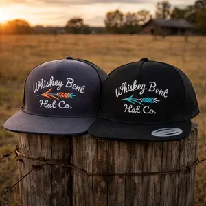 Whiskey Bent Hat Co Trucker Hat, Black Mesh Snapback Cap, Embroidered Western Arrow Logo, Adjustable Vintage Country Hat for Men Outdoor Ranch Work Gift