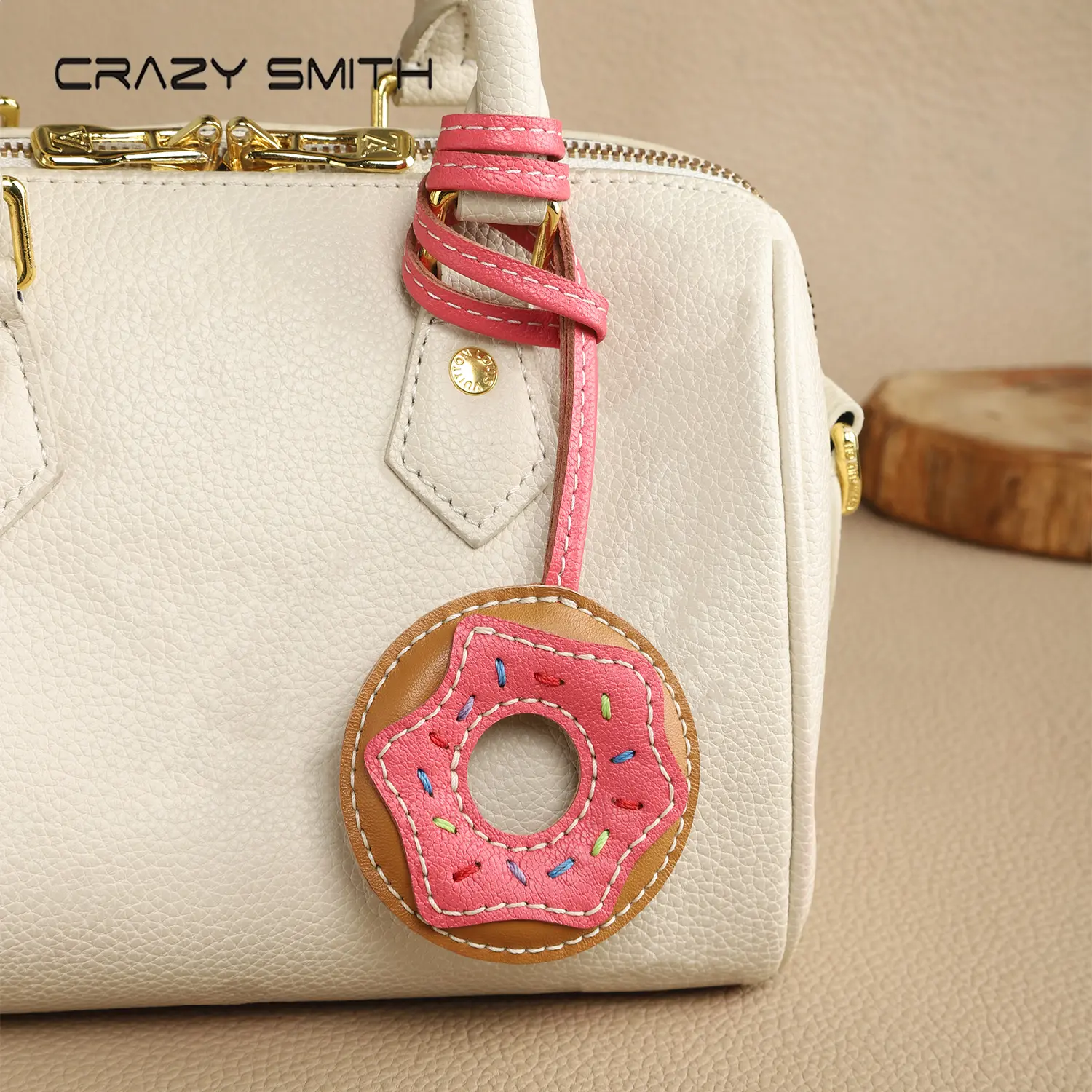 CRAZY SMITH 100% Genuine Leather Donut Keychain - Stylish Backpack Charm, Handbag Purse Accessory