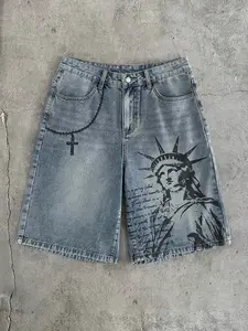 American Style Statue of Liberty Print Light Blue Summer Retro Jeans Shorts, Men's Versatile Casual Loose Fit Straight Leg Pants,Streetwear, Vintage Menswear
