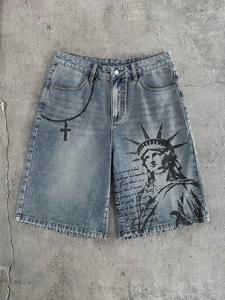 American Style Statue of Liberty Print Light Blue Summer Retro Streetwear Jeans Shorts, Men's Versatile Casual Loose Fit Straight Leg Pants