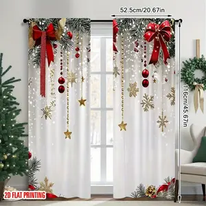 Christmas Theme 2pcs HD Digital Print Bow Bell Curtains, Polyester Material, Semi-Transparent Privacy Protection, Hand Washable, Window Curtain