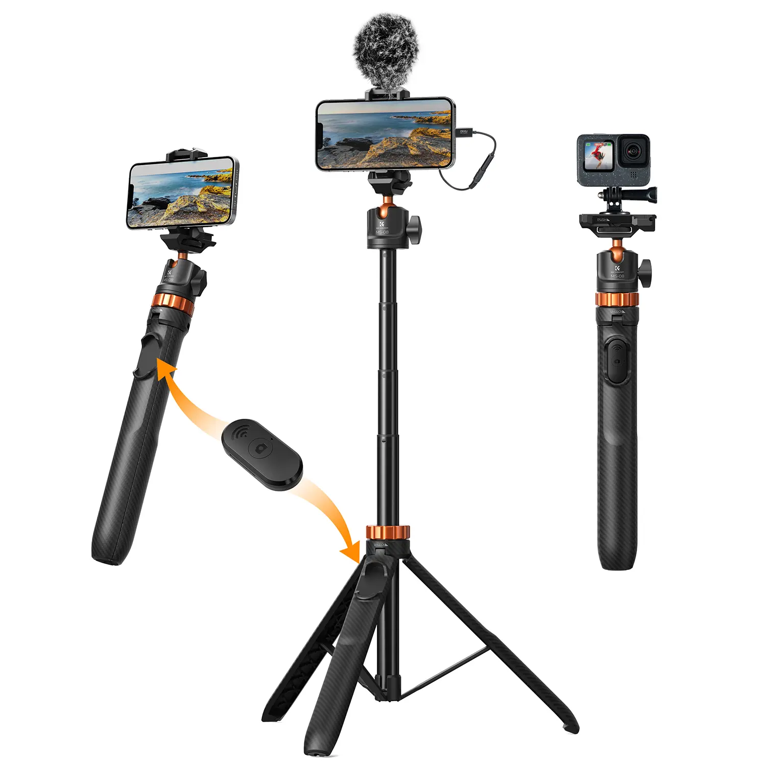 K&F CONCEPT Selfie Stick Tripod – 2-in-1 Phone/Camera Stand with Built-in Remote | For iPhone/Android, Works with Selfie Accessories & GoPro/DJI/Insta360 | Ideal for Travel/Live Streaming/Vlogging/Daily Use