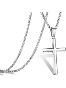 Cross Necklace for Men Women Stainless Steel Silver Figaro Cross Chain Braided Leather Cord Large Cross Pendant Necklace Christian Religious Gift