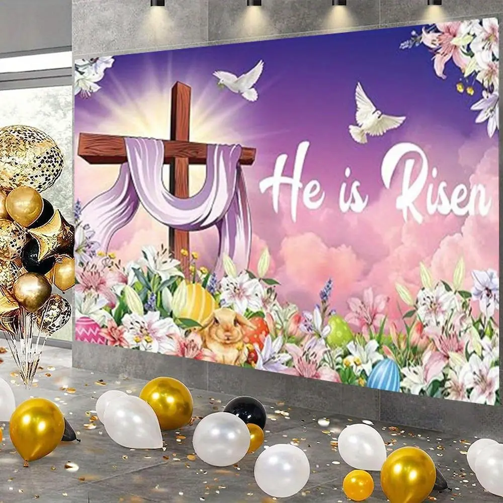 1PC Christian 2D Flat Easter Door Banner - Polyester "He is Risen" Backdrop with Cross, Rabbit, Eggs, Flowers for Party Photo Background, Birthday Wall Hanging, Photo Booth, One-Piece