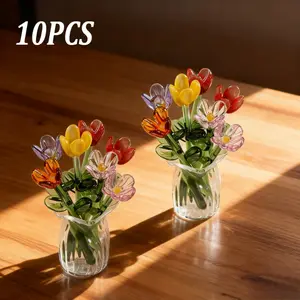 10 hand-made crystal glass mini flower statues, Artificial flowers, Fake Tulips, pink tulip bouquets, decorated in transparent vases, suitable for handicrafts, photographic props and holiday table decoration, are ideal gifts for Easter and parties