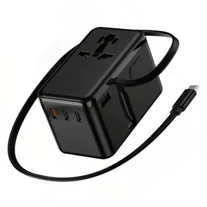 100W GaN 7-in-1 Universal Travel Adapter with Retractable USB-C Cable, International Power Plug Converter for US/EU/UK/AUS, Fast Charging with 1 USB-A & 3 USB-C Ports, Compact Worldwide Charger for Travel Cruise Study Abroad