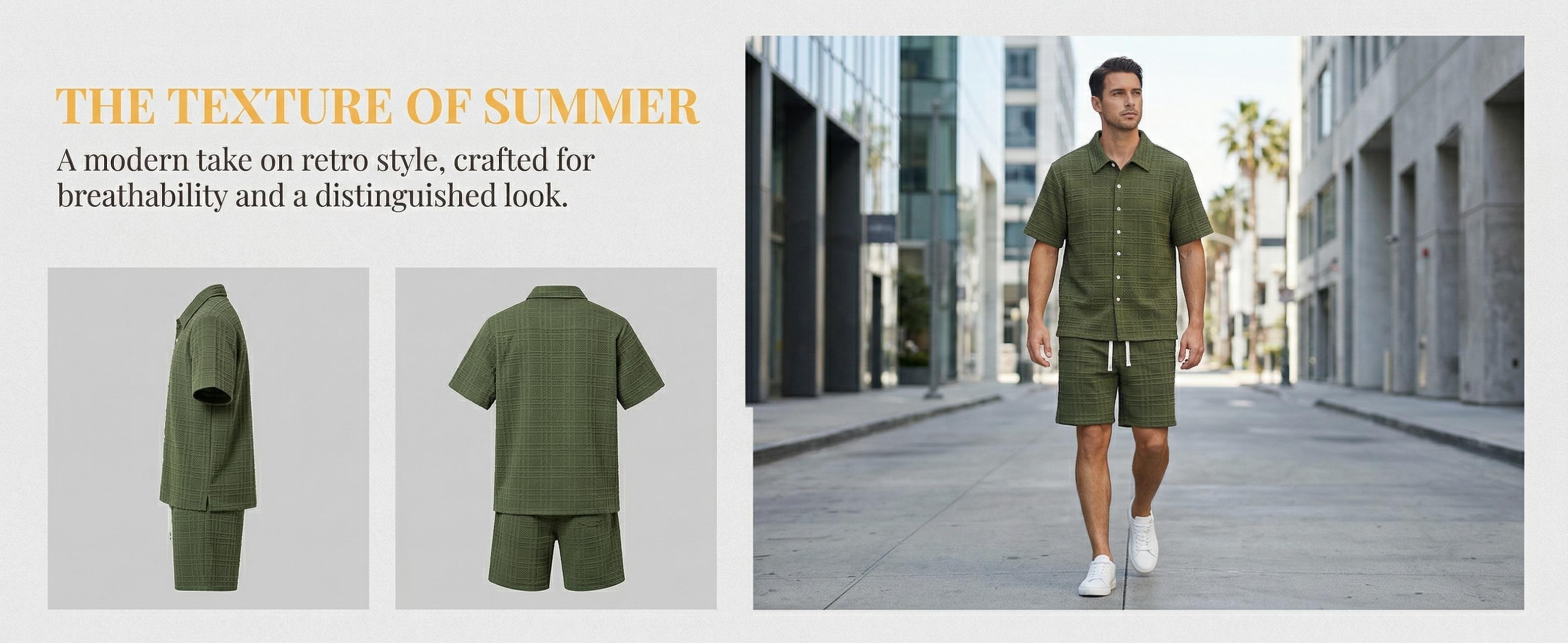 Men's 2 Piece Outfit, Textured Knit Button Down Shirt & Shorts Set for Summer
