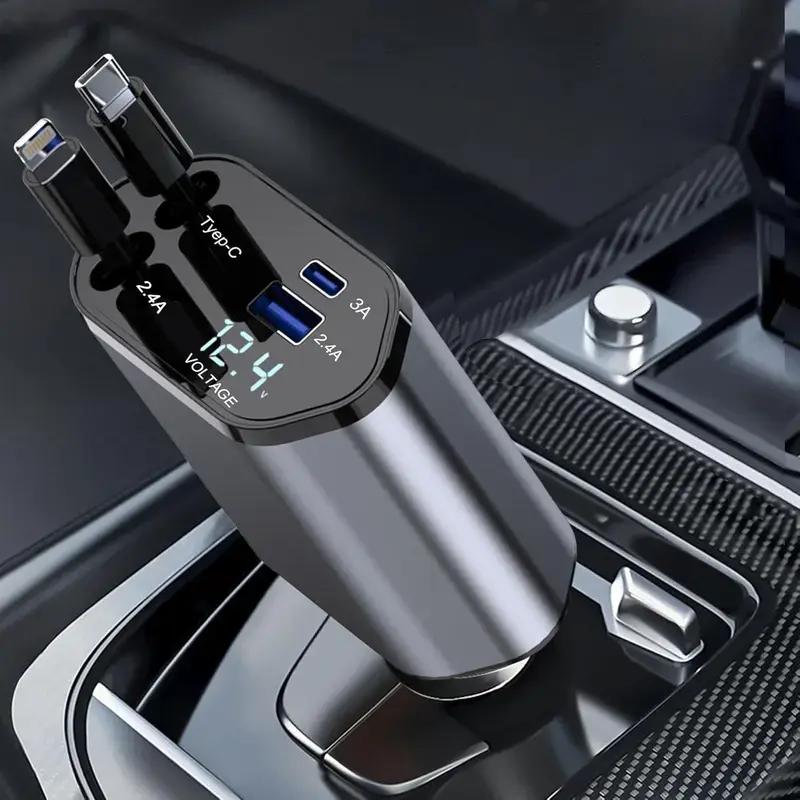 4 in 1 Car Fast Charger, Retractable Car Charger, Car Charger Adapter with 2 USB Ports, Universal Car Charger Adapter for iPhone 15 14 13 12 Pro Max Galaxy S23