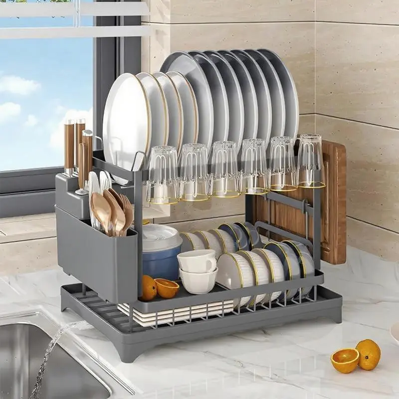 Stainless Steel 2-Tier Dish Drying Racks, Rustproof Kitchen Counter Organizer with Cutlery Holder, Cup Holder & Draining Tray, Multifunctional Grey Finish Storage Rack