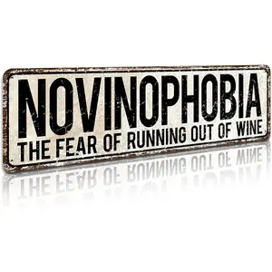 Adorable metal bar sign "Novinophobia: Fear of Running Out of Wine" - Rustic wall decoration for home bar, 4X16 inches, Novelty and humorous plaque for wine lovers, Gift for wine enthusiasts
