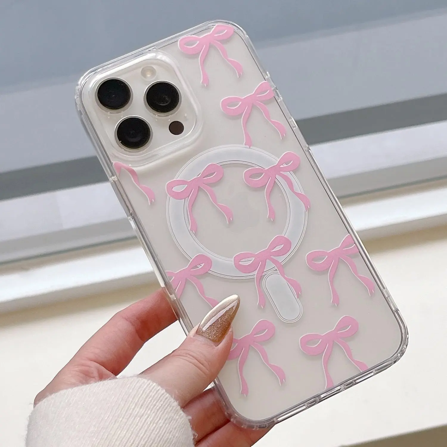 Magnetic for iPhone 16/15/14/13/12/11 Xs Pro Max Plus Case, Bow Case Compatible with MagSafe, Wireless Slim Clear Ribbon Aesthetic Phone Case Anti-Yellowing Shockproof Protective Cover for Women Girl - Pink Shell Transparent Smartphone Cellphone