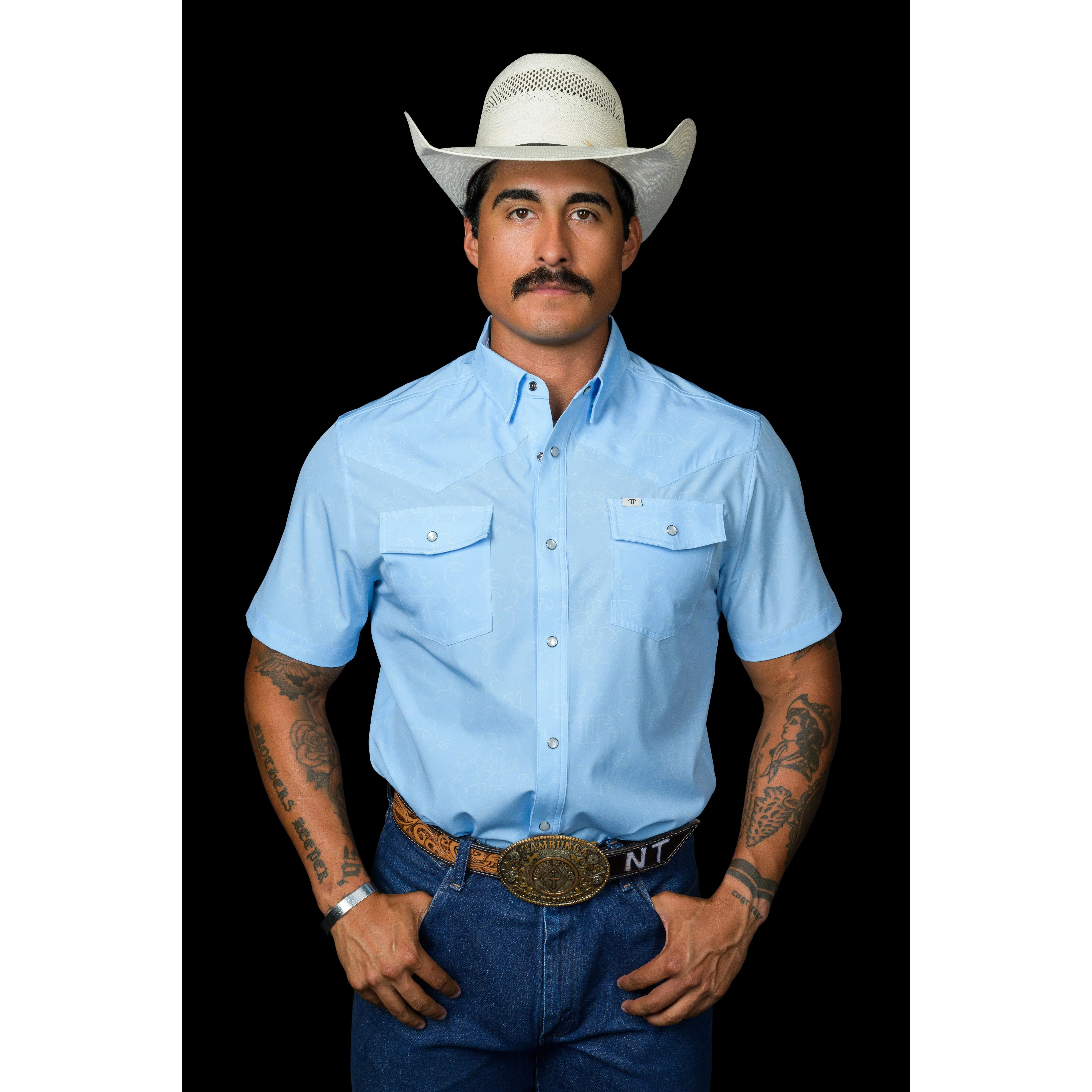 Menswear The Carson Short-Sleeve Pearl Snap Shirt - Light Blue, Soft Breathable Fabric