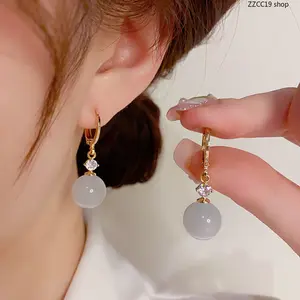 Women's Gold Plated Cuff Hoop Earrings - Opalite Cat's Eye Bead, Simulated Crystal Accent Dainty Dangle Earrings for Daily Wear, Simulated Crystal Earrings