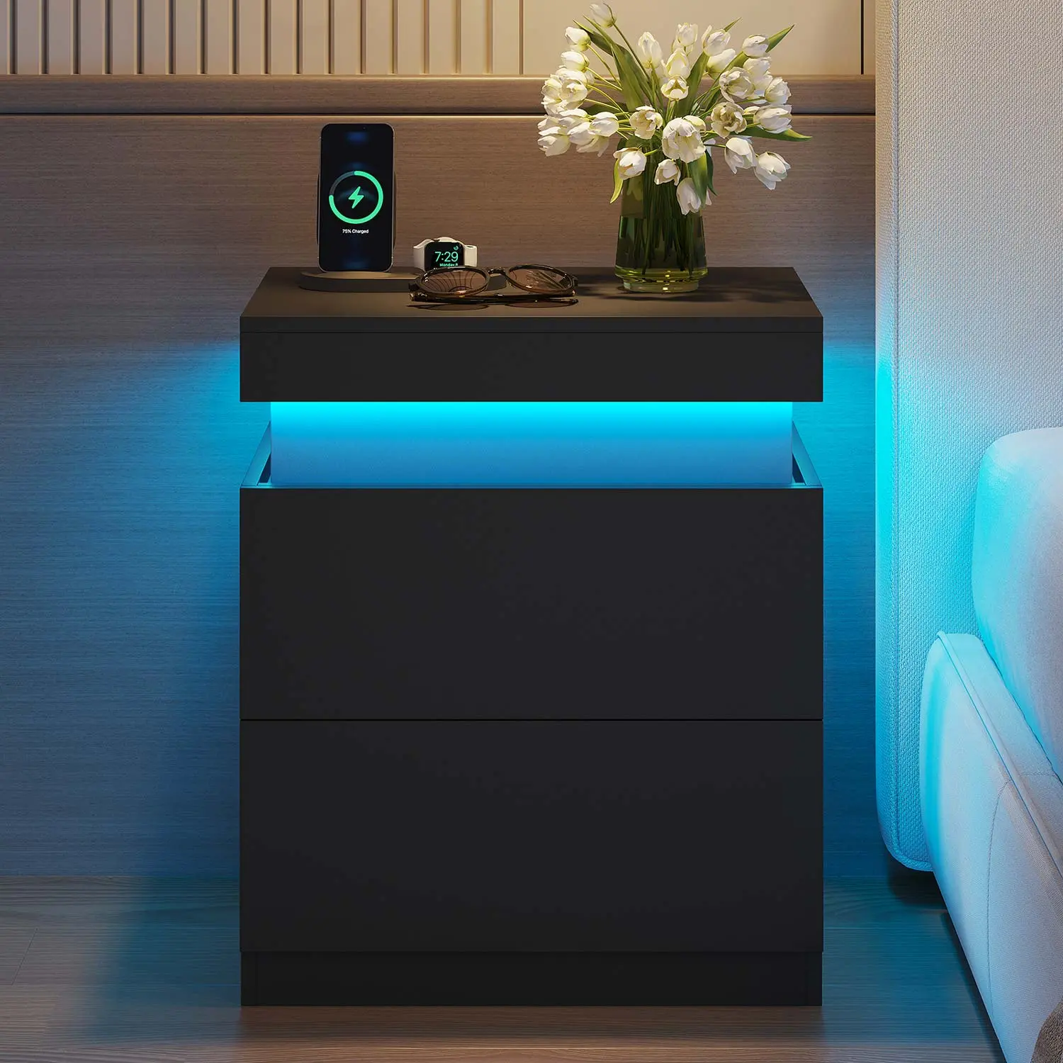 Sikaic Black Modern Nightstand - Bedroom Nightstands with Multi-Layer Storage, Enclosed Compartments, Built-In Drawers, Bedside Table Cabinet, Black Bedroom Furniture for Home Use