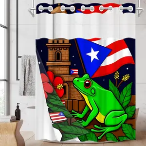 1PC/4PCS 2D Flat Printing Puerto Rico Frog and Flag Patterned shower curtain, home bathroom decor, shower curtain set with 12 hooks, non-slip bathroom rug, U-shaped toilet seat cover, toilet seat mat.