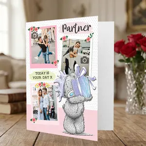 Personalized Partner Birthday Card – Custom Photo Collage Card with Name & Pictures, Cute Teddy Bear Love Greeting Card for Him/Her, Romantic Keepsake Gift