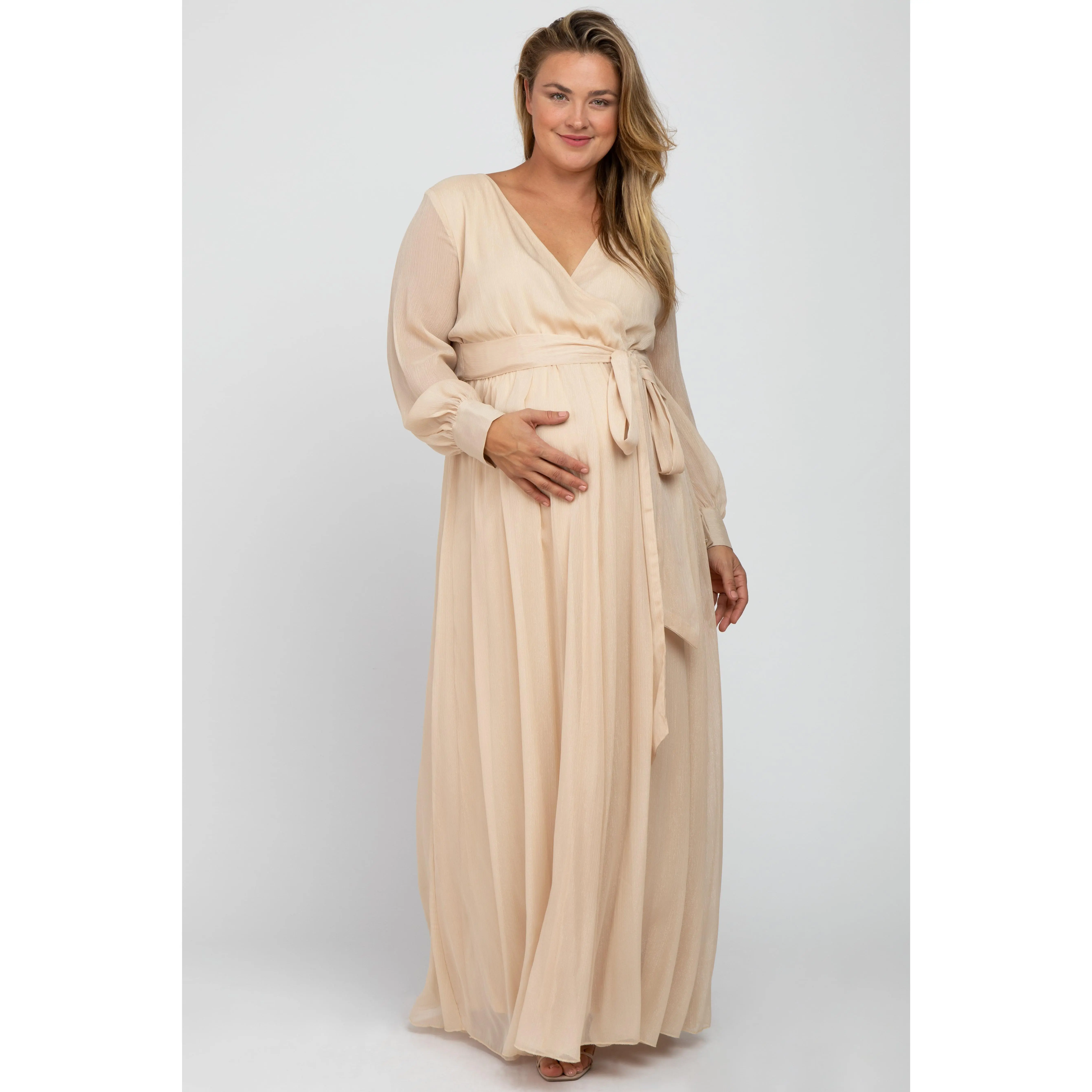 Maternity Metallic Chiffon Maxi Dress in Cream with Surplice Neck, Plus Size Pregnancy Clothes for Baby Showers