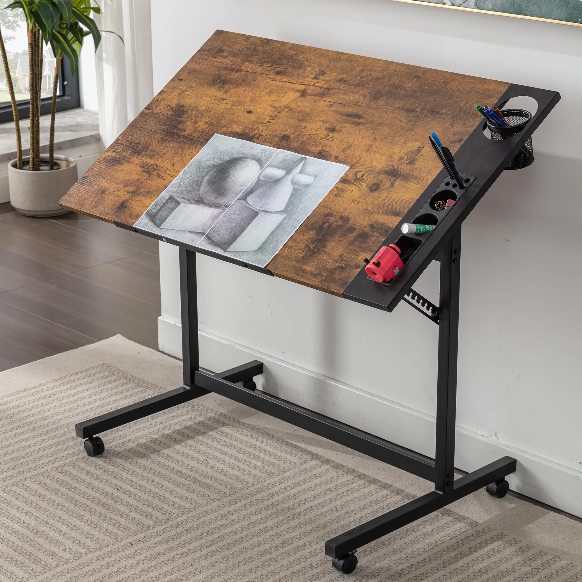 Adjustable Drafting Table Tilting Tabletop Artist Desk Art Craft Desk Drawing Table Watercolor Paintings Sketching Work Station Drawers Movable Desk with Wheel for Home Office