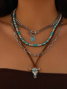 Boho Style Turquoise Texture Decor Layered Necklace, Western Style Adjustable Cow Head Pendant Necklace & Chain Necklace Pendant Design, Fashion Jewelry Accessories for Women & Men