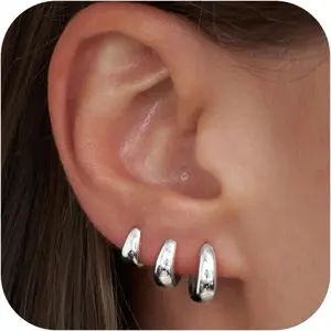 3 Pairs Small Silver Hoop Earrings Set for Women Silver Plated Hypoallergenic Lightweight Thick Chunky Silver Hoops Huggie Earrings for Women Trendy Jewelry