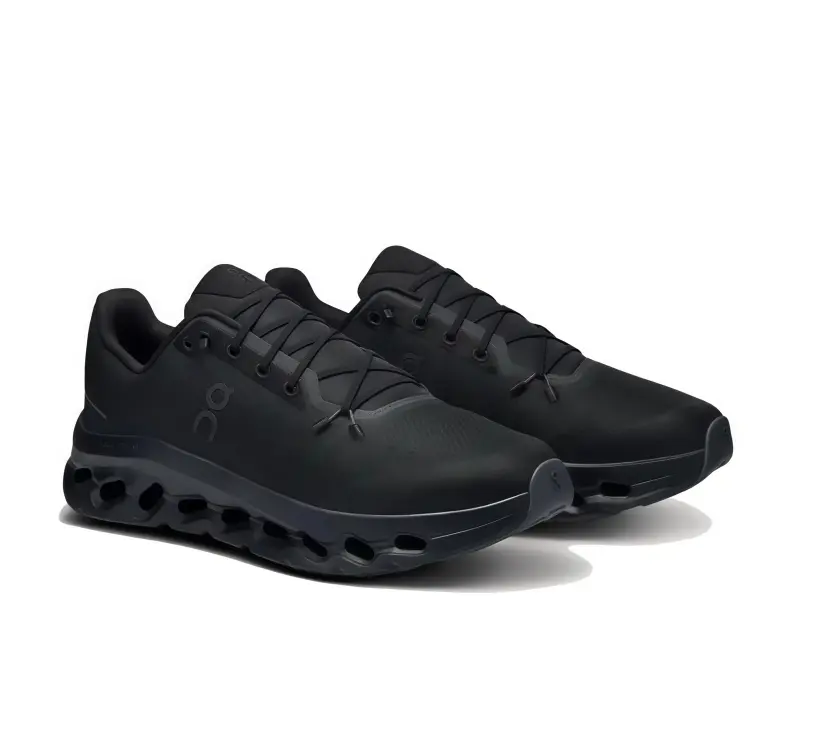 Low Top Unique Square Hollow Design Road Running Shoes Unisex, Breathable Solid Black Vent Knit Mesh Upper, Full Length Black Block Hollow Shock Absorbing Foam Midsole, Non Slip Textured Rubber Outsole