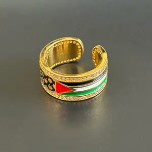 Palestine Flag and Keffiyeh Cuff Ring Adjustable Gold-Tone with Red Green and Black Stripes High Quality Stainless Steel