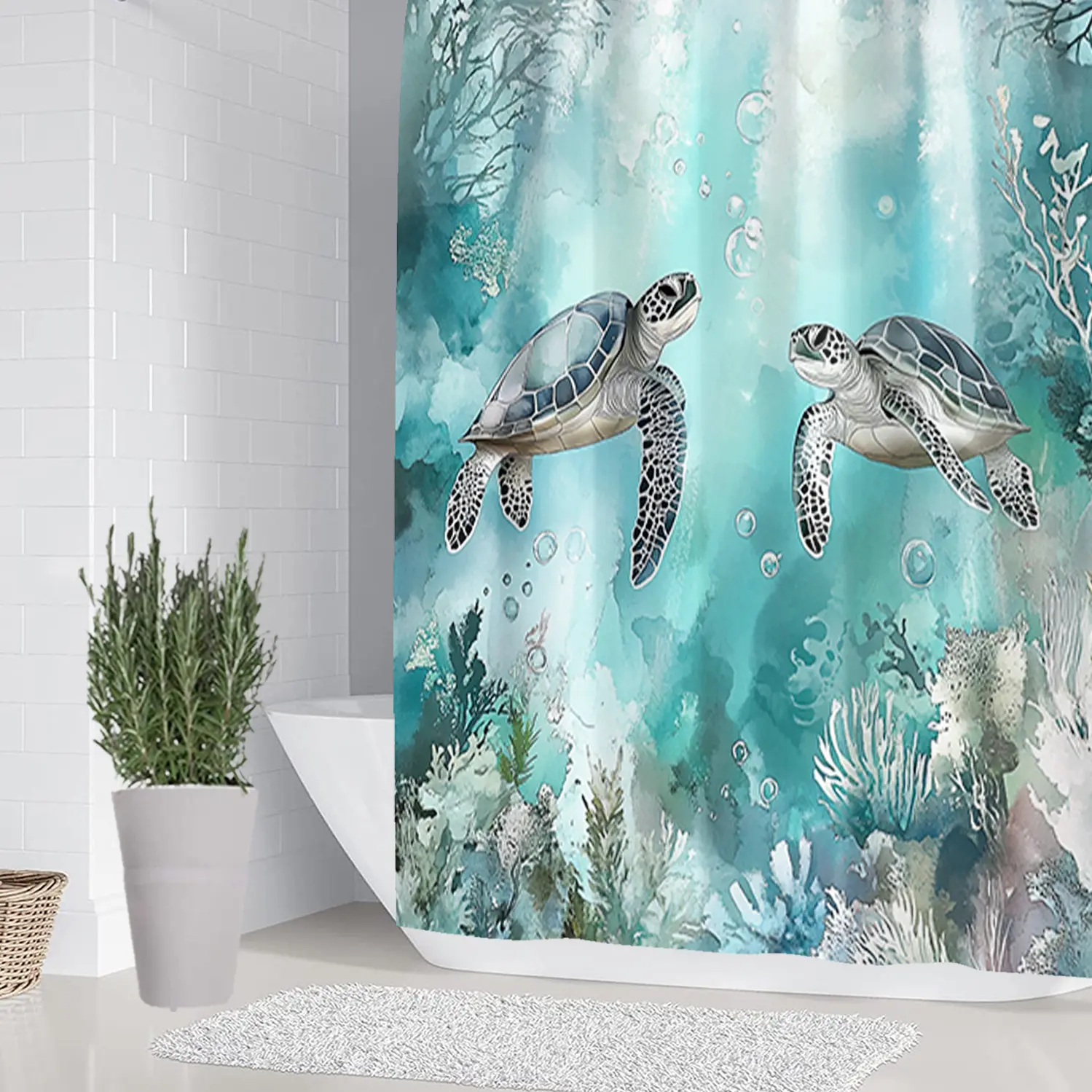 1/4 piece turtle roaming design bathroom set, Aesthetic Bathroom Decor And Accessories, Bathroom decoration accessories, including soft floor mat with rebound, water absorption, anti slip, toilet seat cushion, shower curtain