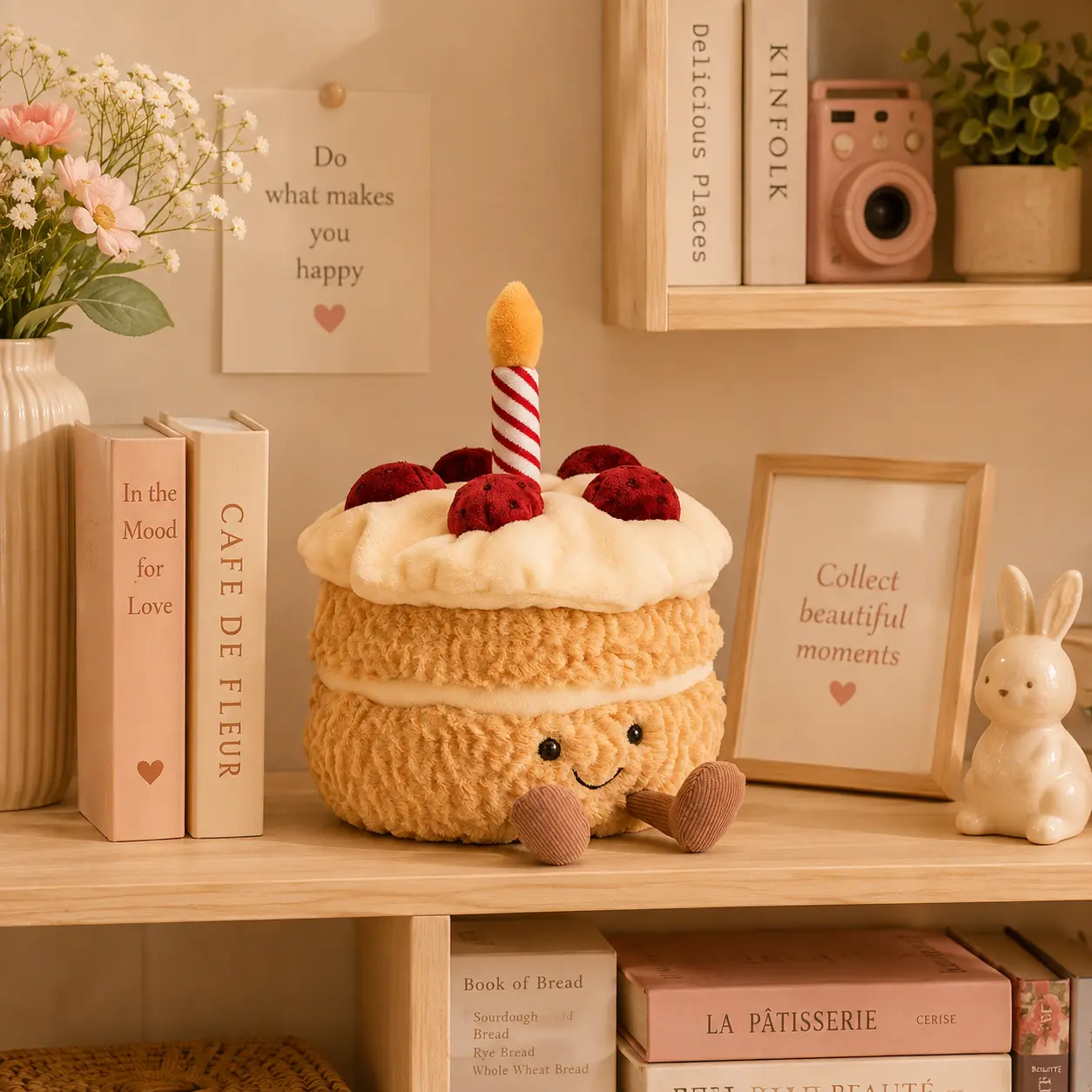 Jellycat Birthday Cake Plush – Cute Strawberry Cream Cake Stuffed Toy with Candle, Soft Kawaii Birthday Gift for Kids & Adults