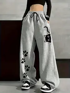 Kawaii Black Cat & Paw Print Lightweight Soft Breathable Drawstring Wide Leg Sweatpants, Womenswear, Lady, Y2K Aesthetic Baggy Streetwear Pants for Teen Girls, Comfy Loungewear Trousers for Daily Wear/Casual Outfit, Cute Pet Pattern Loose Fit Joggers