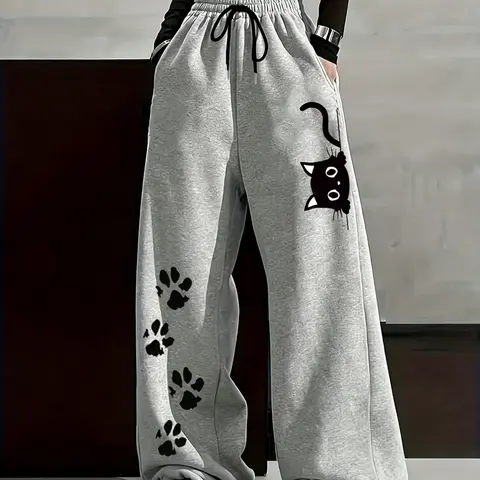 Kawaii Black Cat & Paw Print Lightweight Soft Breathable Drawstring Wide Leg Sweatpants Y2K Aesthetic Baggy Streetwear Pants for Teen Girls, Comfy Loungewear Trousers for Daily Wear/Street Style, Pet Pattern Loose Fit Joggers, Casual Comfy Trousers
