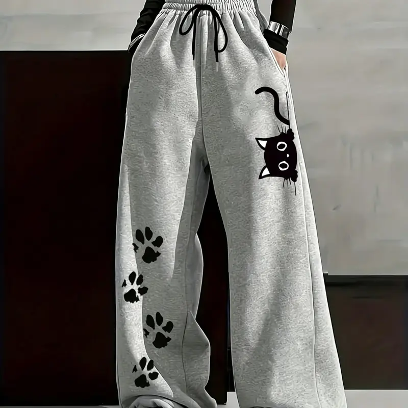 Kawaii Black Cat & Paw Print Lightweight Soft Breathable Drawstring Wide Leg Sweatpants Y2K Aesthetic Baggy Streetwear Pants for Teen Girls, Comfy Loungewear Trousers for Daily Wear/Street Style, Pet Pattern Loose Fit Joggers, Casual Comfy Trousers