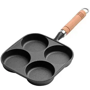 Nonstick Frying Pan, Cast Iron Egg Pan Divided Design Grill Pan with Wooden Handle , Breakfast Skillet Omelet Pan for Egg , Steak and Burgers , Pancake Pan and Healthy Egg Cooker Suitable for Gas Stove & Induction Cookware