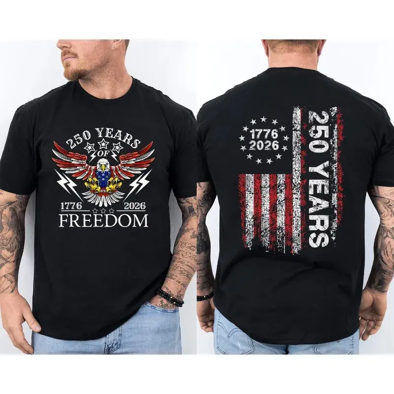 Men's Soft Cotton Short-Sleeve Round Neck Well-Fitted T-Shirt - 2-Sided 1776-2026 America 250th Birthday US Flag Eagle Patriotic Full Print Unisex Clothes, Office-Casual Streetwear, Breathable, Shopping