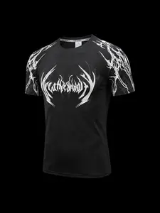 American High Street Gothic Print Compression T-Shirt, Sporty Sleeveless Quick-Dry Fitness Top, Running Basketball Round Neck Sports Shirt