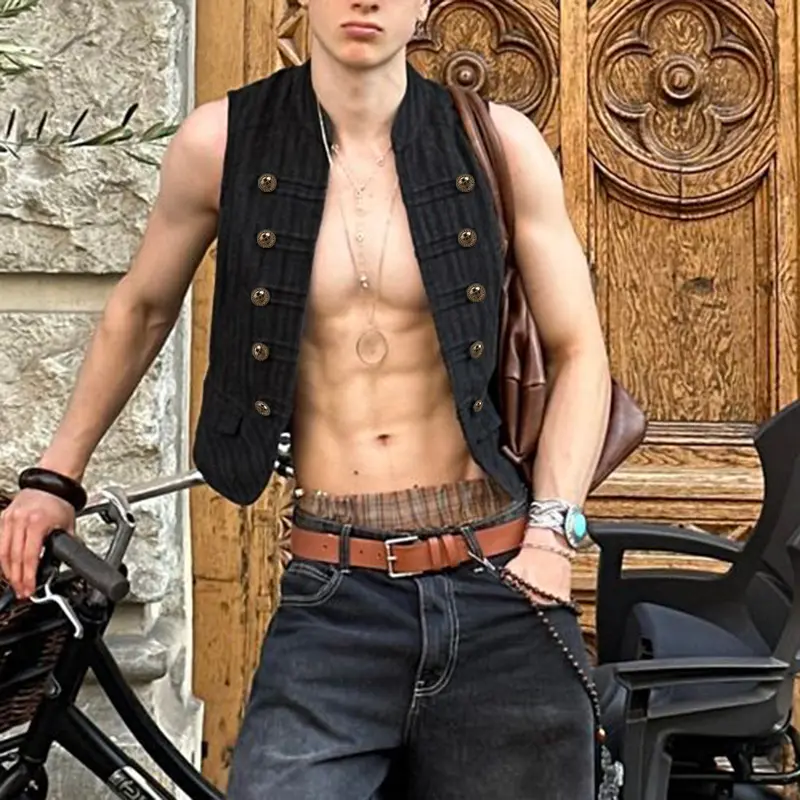 INCERUN Men's Vintage Grunge Waistcoat, Classic Double-Breasted Sleeveless Top with Statement Metallic Buttons for Festivals, Fashion